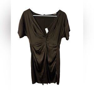 Rozae Nichols Brown Silk Sateen V Neck Mini Dress Small